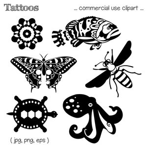 Printable TATTOO CLIP ART Octopus, Fish, Butterfly, Turtle, Bug, Digital Download, EvisionArts image 1