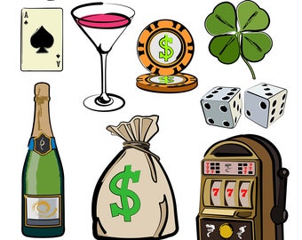 Printable VEGAS CLIP ART - slot machine, champagne, martini, poker chip, dice, clover, Digital Download, EvisionArts