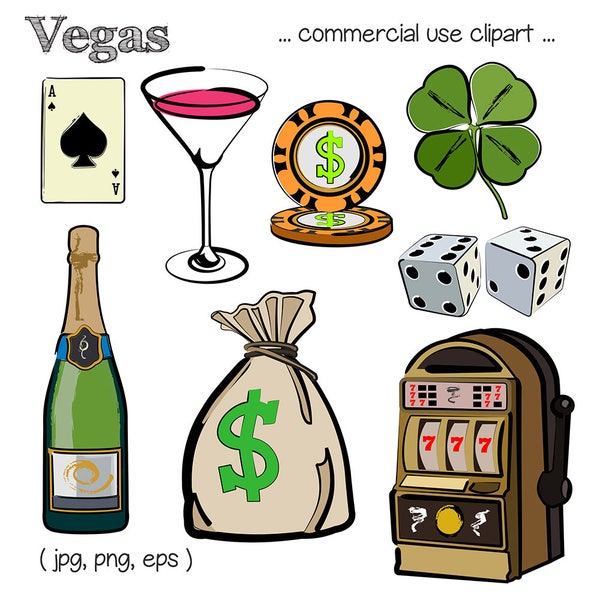 Printable VEGAS CLIP ART - slot machine, champagne, martini, poker chip, dice, clover, Digital Download, EvisionArts