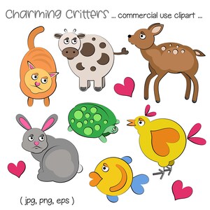 Printable CARTOON ANIMAL CLIP Art - cat, cow, deer, turtle, rabbit, fish, bird, Digital Download, EvisionArts