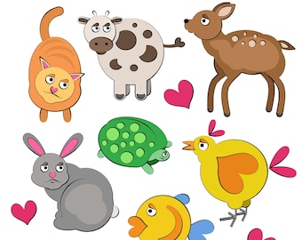 CARTOON ANIMAL CLIP Art - gatto, mucca, cervo, tartaruga, coniglio, pesce, uccello, download digitale, EvisionArts