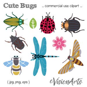 Printable INSECT CLIP ART - Beetle, Ladybug, Dragonfly, Bee, Wasp, Digital Download, EvisionArts