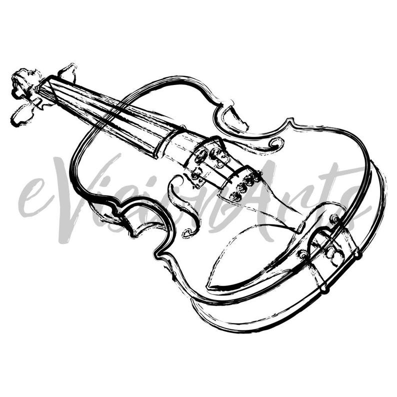May include: A black and white line drawing of a violin. The violin is drawn in a simple, stylized way, with the strings and the body of the violin clearly visible.