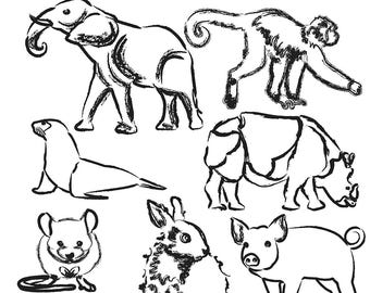 Printable ANIMAL CLIP ART - Black and White, Elephant, Monkey, Seal, Rhino, Mouse, Rabbit, Pig, Digital Download, EvisionArts