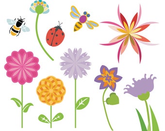 Printable FLOWER CLIP ART - Bee, Ladybug, Garden, Digital Download, EvisionArts