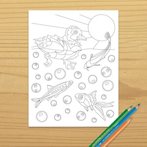 Printable DUCK COLORING PAGE - Pond, Fish, Digital Download, EvisionArts