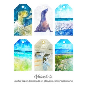 Printable BEACH GIFT TAGS, Digital Download, EvisionArts