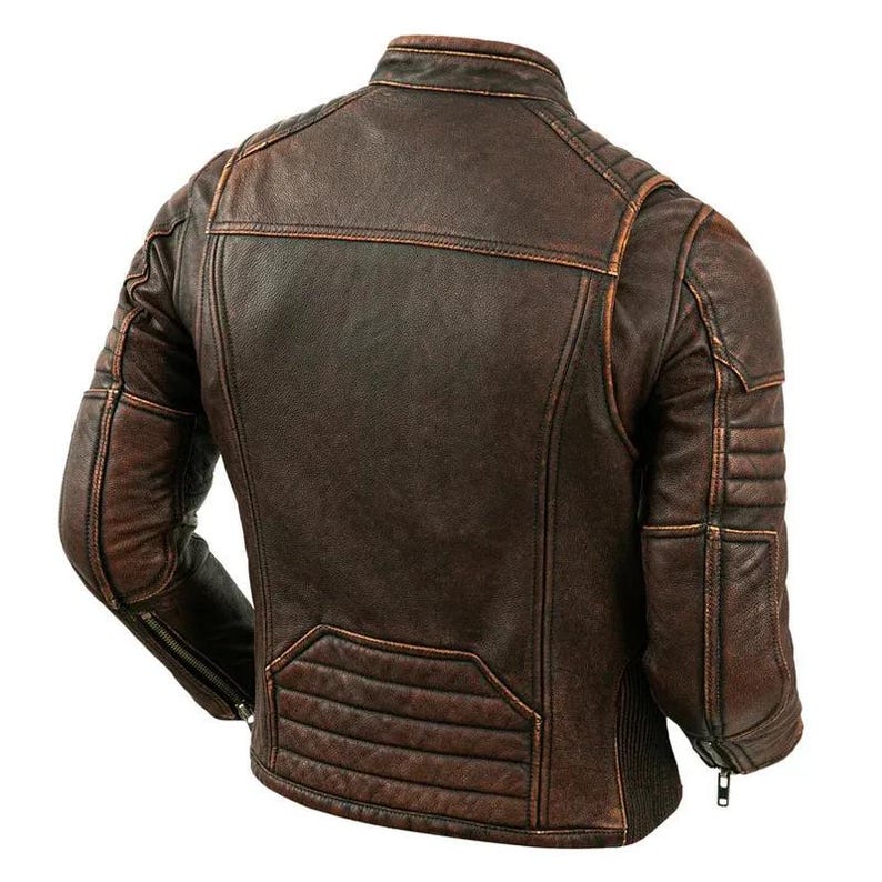 Back view of slim-fit moto jacket in brown color