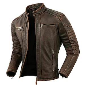 Side view of slim-fit moto jacket in brown options