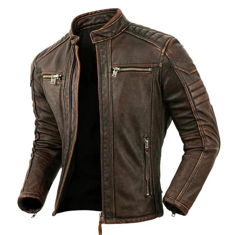 Side view of slim-fit moto jacket in brown options