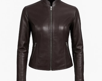 Women's Brown Leather Motorcycle Jacket: Ladies Slim Fit Biker Jacket