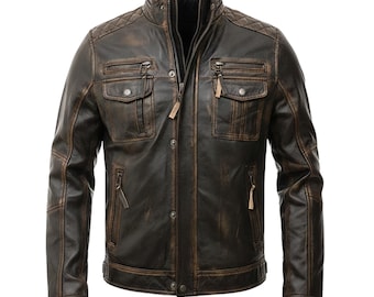 Men’s Distressed Brown Leather Motorcycle Jacket: Six Pockets Vintage Style Café Racer Biker Jacket