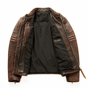 Front view of inner detailing on leather biker jacket