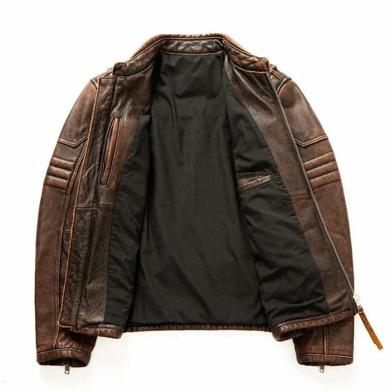 Front view of inner detailing on leather biker jacket