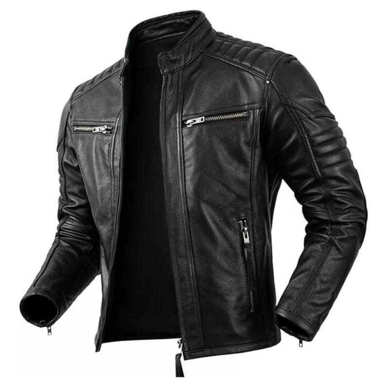 Side view of slim-fit moto jacket in black