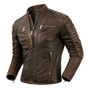 Front view of men’s distressed brown leather biker jacket with diamond-stitched shoulders