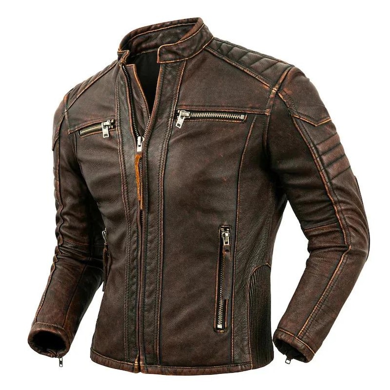 Front view of men’s distressed brown leather biker jacket with diamond-stitched shoulders