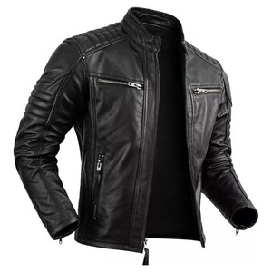 Front view of men’s black leather biker jacket with diamond-stitched shoulders