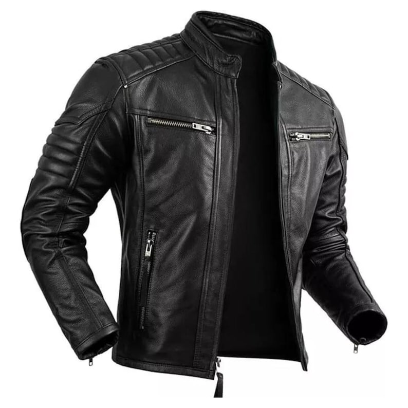 Front view of men’s black leather biker jacket with diamond-stitched shoulders