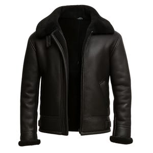 May include: Black leather jacket with a shearling collar and lining. The jacket features a zip-up front, side pockets, and a buckled waist. The sleeves have shearling cuffs. A classic outerwear piece.