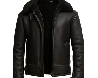 Men’s Black B3 Bomber Leather Aviator Jacket: Winter's Faux Shearling Jacket