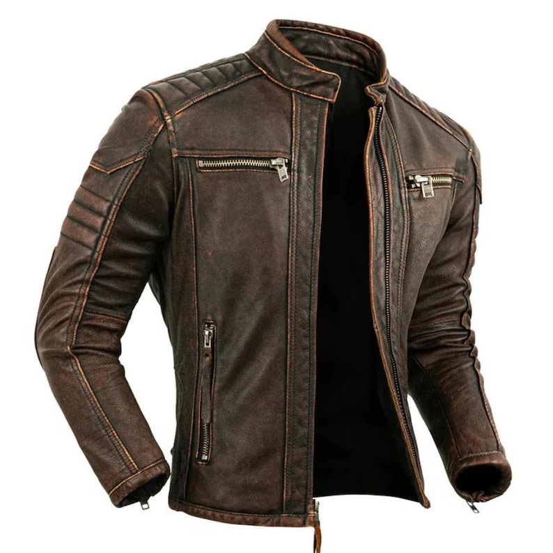 Angle view of slim-fit moto jacket in brown