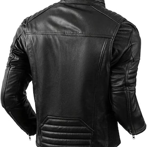Back view of slim-fit moto jacket in black color