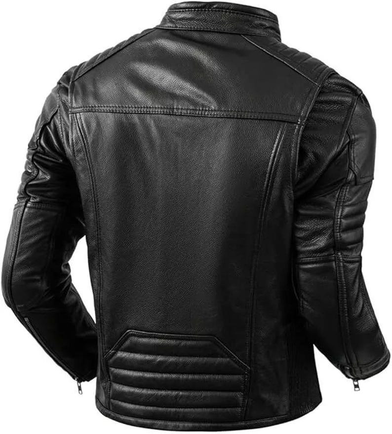 Back view of slim-fit moto jacket in black color