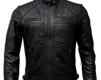 Handmade Lambskin Leather Biker Jacket: Men's Café Racer Moto Jacket