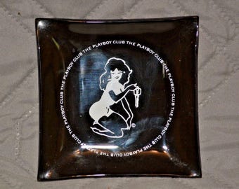 Vintage Playboy Club Black Glass Ashtray Dish Bunny Logo Square 3.75” Barware