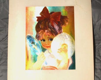 Vintage 1960s Iridescent Foil Art Big Eye Girl Mirror Print Kitsch Decor