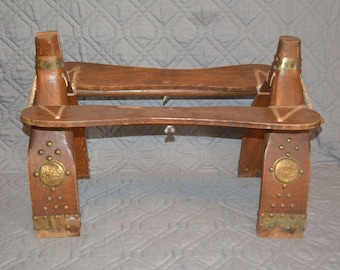 Vintage Camel Saddle Foot Stool Wooden Brass Medallions Moroccan Tribal Decor