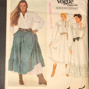 May include: Vogue Patterns American Designer sewing pattern featuring a Ralph Lauren design. The cover shows a woman in a white blouse, teal skirt, and brown boots. The pattern includes illustrations of two white dresses.