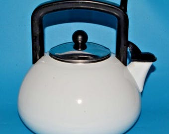 Kamenstein White Enamel Tea Kettle Black Handle Whistling Stovetop Teapot 1990s
