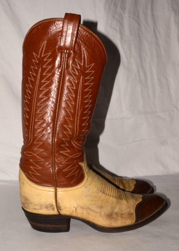 Tony Lama, Vintage Tony Lama Black Label Cowboy Boots 28118, Genuine Lizard Toe Wingtip, Two Tone Leather Western Boots, Made in USA, Urban Cowboy Era