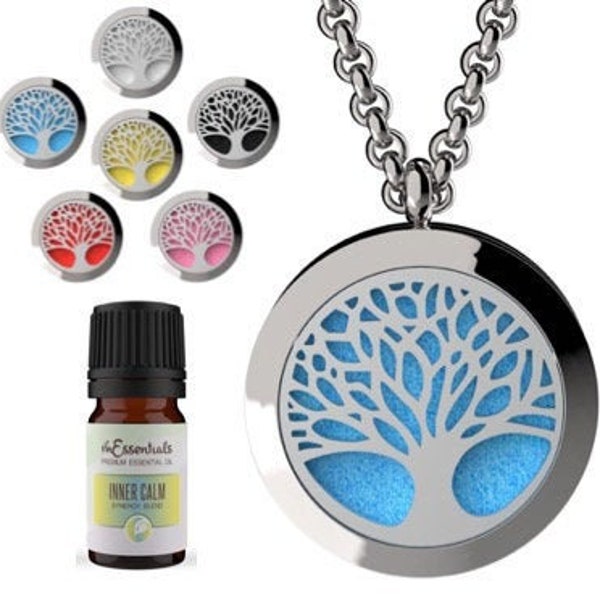 Tree of Life 316L Stainless Steel Aromatherapy Essential Oil Diffuser Necklace in gift box with pads & Inner Calm Essential Oil blend