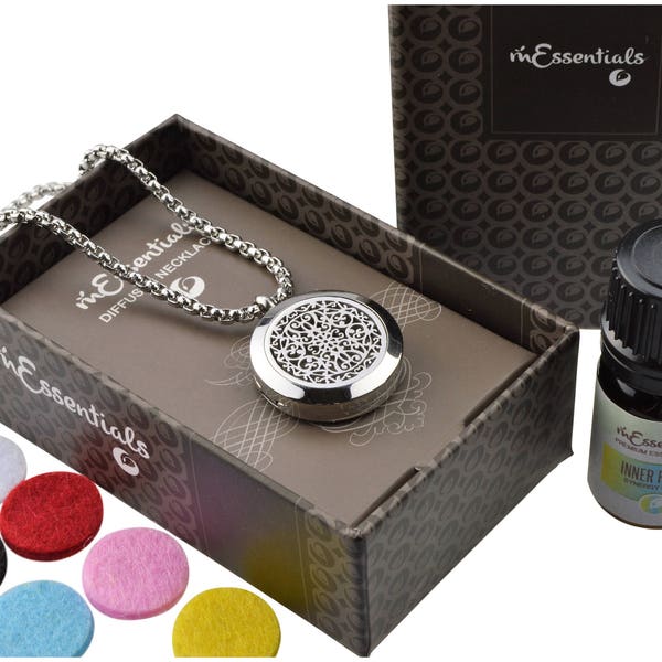 Wrought Iron 316L Stainless Steel Aromatherapy Essential Oil Diffuser Necklace Gift Box with Pads & Inner Calm Oil Blend