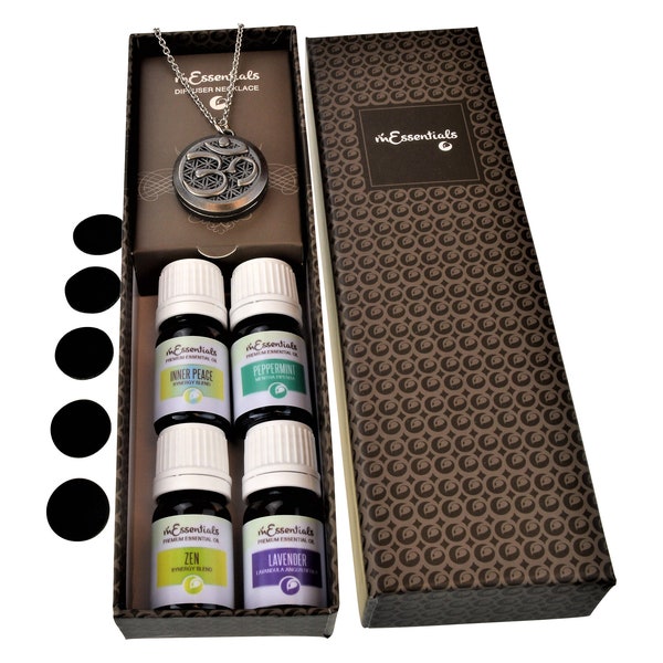 Aum (OM) Aromatherapy Essential Oil Diffuser Necklace Locket Gift Set - Lavender, Peppermint, Zen, Inner Calm , 5 ml Bottles