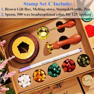 May include: A brown gift box containing a wax seal stamp set. The set includes a melting stove, stamp and handle, pen, spoon, and various colored wax beads. The text "Stamp Set C Include:" is visible.