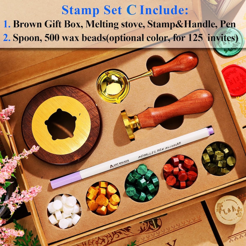 May include: A brown gift box containing a wax seal stamp set. The set includes a melting stove, stamp and handle, pen, spoon, and various colored wax beads. The text "Stamp Set C Include:" is visible.