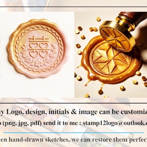 May include: Two wax seals are shown. One is pink with a double happiness symbol and floral accents. The other is gold with a starburst design, with a wooden handled stamp. The text says: Any Logo, design, initials & image can be customized.