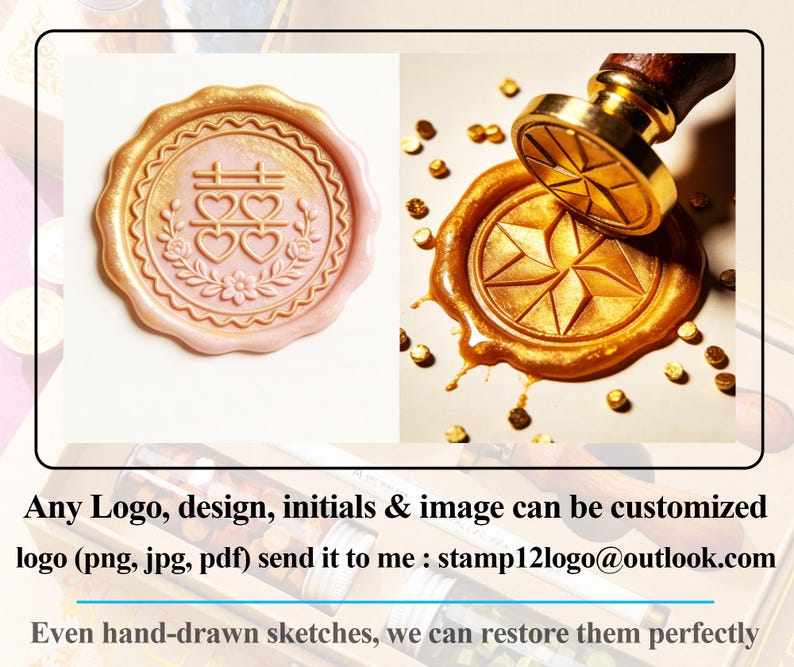 May include: Two wax seals are shown. One is pink with a double happiness symbol and floral accents. The other is gold with a starburst design, with a wooden handled stamp. The text says: Any Logo, design, initials & image can be customized.