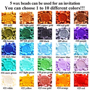 May include: A collection of 25 different colored wax beads for invitations. The image displays various colors, including gold, bronze, black, silver, purple, blue, green, and red. Each wax bead has a unique design and is numbered for easy selection.