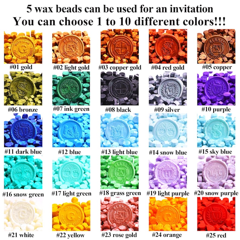 May include: A collection of 25 different colored wax beads for invitations. The image displays various colors, including gold, bronze, black, silver, purple, blue, green, and red. Each wax bead has a unique design and is numbered for easy selection.
