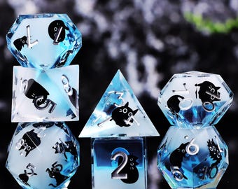 Black Cat DnD Dice Set for Role Playing Games, Resin Unique Dungeons and Dragons Dice Set for Gifts, Cute D and D Dice Set