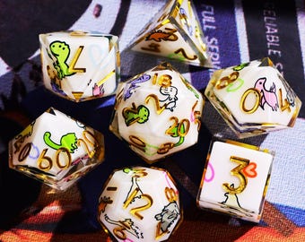 Cartoon Dinosaur DnD Dice Set for Role Playing Games, Resin Unique Dungeons and Dragons Dice Set for Gifts, Full Cute D and D Dice Set