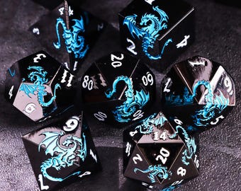Black Blue Dragon DnD Dice Set for Role Playing Games, Resin Unique Dungeons and Dragons Dice Set for Gifts, Cute D and D Dice Set