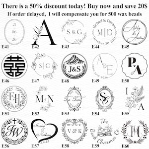 May include: A selection of wax seal stamps with various designs, including initials, dates, and floral elements. The text reads "There is a 50% discount today! Buy now and save 20$" and "If order delayed, I will compensate you for 500 wax beads."