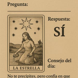 May include: A tarot card with the text "TIRADA SÍ/NO TAROT DEL DÍA" at the top. The card features an illustration of a woman pouring water, with the text "LA ESTRELLA" at the bottom. The answer is "SÍ".