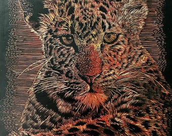 Vintage copper foil hidden Tiger artwork/ handcrafted foil picture under dark paint/ collectible English art wall.